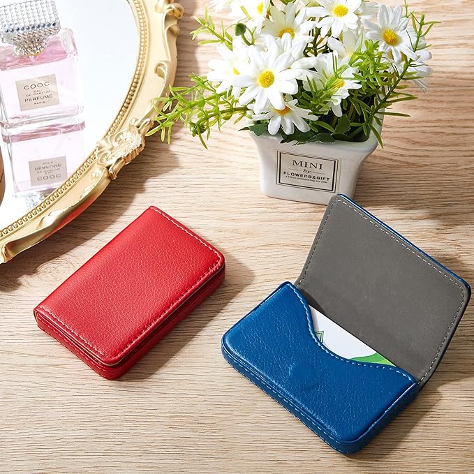 Outus 2 Pcs Business Card Holder, PU Leather Business Card Case Pocket Wallet with Magnetic Shut for Christmas Gift Adult(Blue and Red)