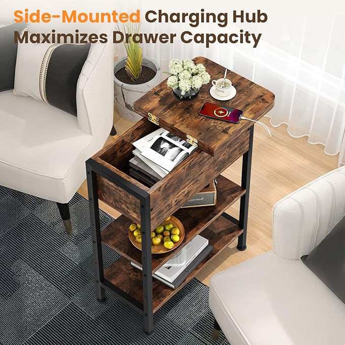 GRUSIGN End Table with Charging Station, Flip Top Side Table with USB Ports and Outlets, 3-Tier Small Side Table with Storage for Small Space, End Tables for Living Room/Bedroom, Brown