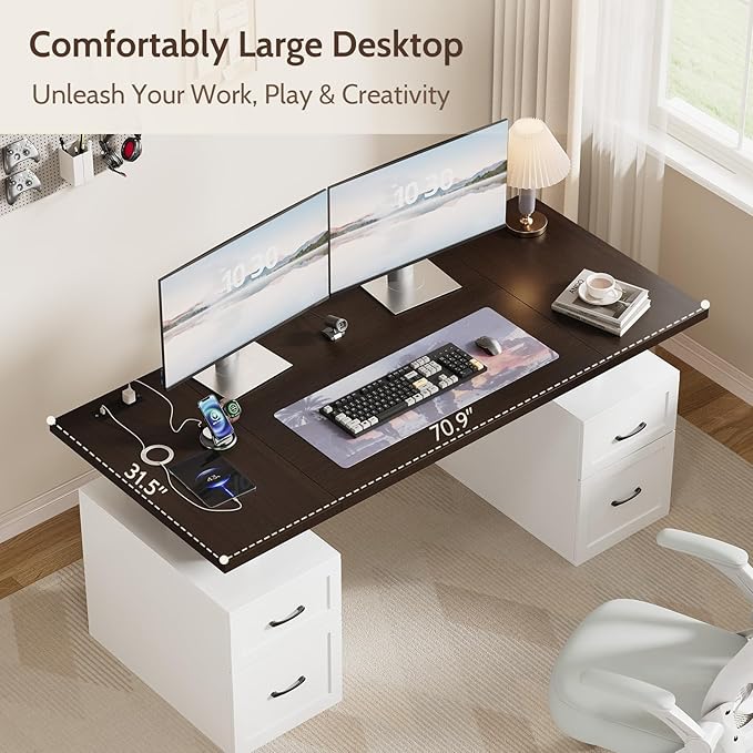 Farmhouse Desk with Drawers & Power Outlet, White Home Office Desk with File Organizer, 71" Executive Desk with Storage, Computer Desk with Privacy Panel