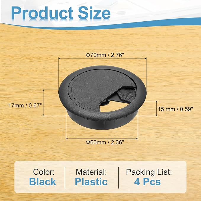 PATIKIL Desk Grommet 2.4", 4 Pcs Plastic Desk Hole Cover Cable Grommet Cord Hole Cover Table Wire Organizer for Home Office Wires Cables Through The Countertop, Black