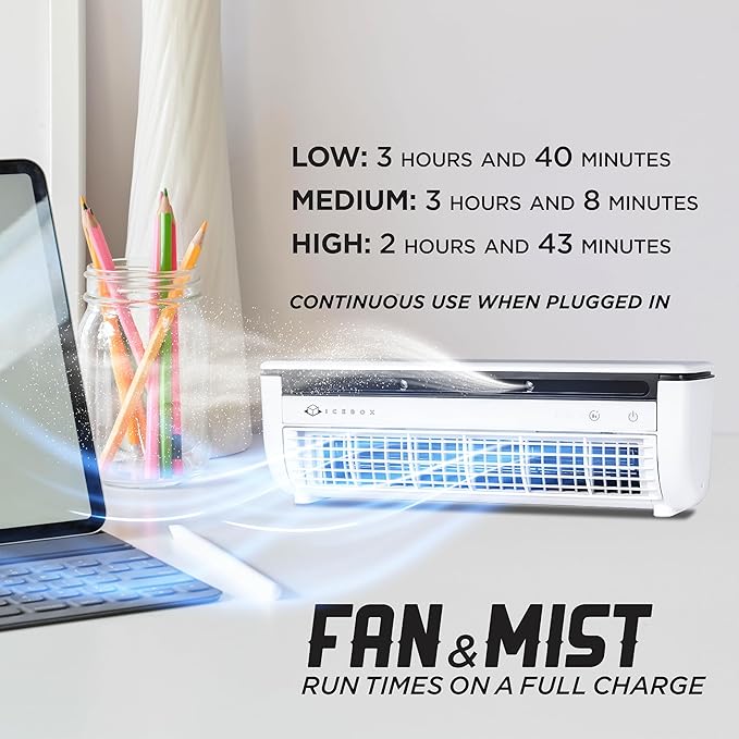 IceBox Cooling Mist Fan, Small Portable Fan with Evaporative Humidifier, For Desk or Wall Mount, 3 Speeds, 8.8oz/260ml Tank, 8-Hour Runtime per Charge, Remote, USB-C, IBCF200W, White/Gray