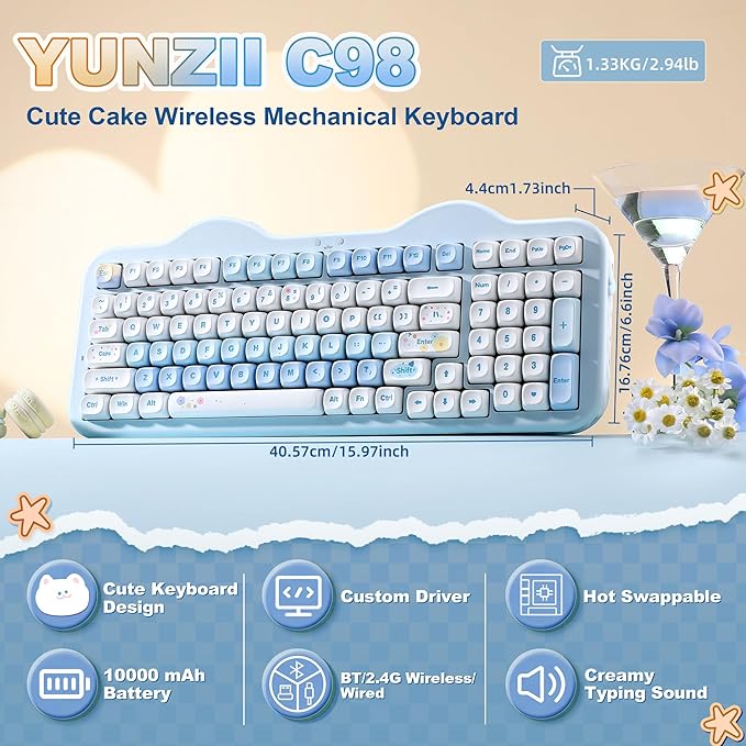 YUNZII C98 Wireless Mechanical Keyboard with Number Pad,98 Key BT5.0/2.4G/USB-C Hot Swap Gasket Mount with PBT MOA Keycaps,Custom RGB,Cute Cake Keyboard for Win/Mac (Blue, Milk V2 Linear Switch)