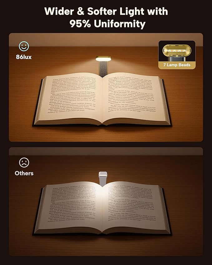 86lux Book Light, Reading Light for Book in Bed, USB Rechargeable LED Night Light with 3 Colors & Stepless Dimming, Aluminum Alloy Bookmark Light for Book Lovers, Yellow