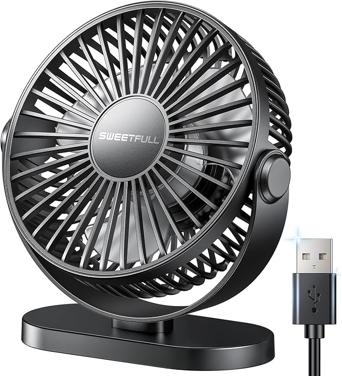 SWEETFULL USB Desk Fan Small Quiet - 3 Speeds Mini Personal Portable Fan 360° Rotation Adjustable, 5.5 Inch Office Table Cooling Gadgets on Desktop (Black)