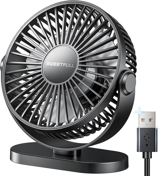 SWEETFULL USB Desk Fan Small Quiet - 3 Speeds Mini Personal Portable Fan 360° Rotation Adjustable, 5.5 Inch Office Table Cooling Gadgets on Desktop (Black)