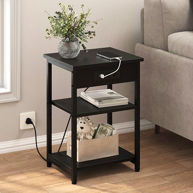 End Tables Set of 2 with Charging Station USB Ports, 3 Tier Tall Night Stand with Storage Shelves, Record Player Stand Narrow Side Table for Small Space Living Room Bedroom Office, Easy Assembly,Black