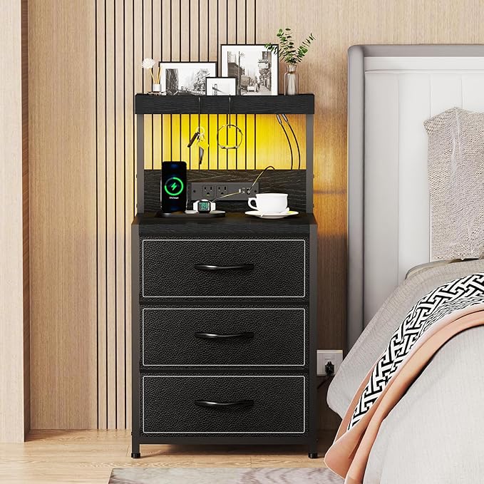 SZLHANJZ LED Nightstand with Charging Station, Night Stand with 3 Drawers and Lights, Storage Side Table with Shelf and Hooks, Tall End Table for Bedside, Bedroom, Modern Black