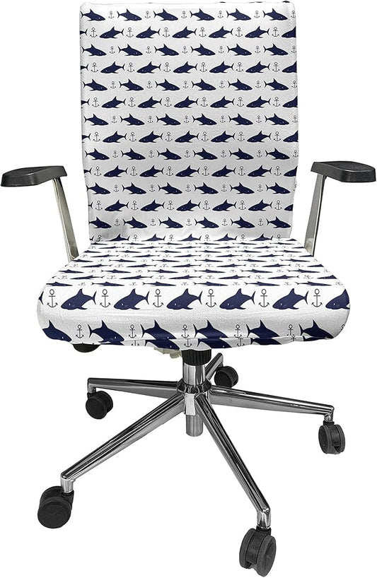 Ambesonne Anchor Office Chair Cover, Aquatic Pattern with Sharks and Anchors Contemporary Classical Modern Fish Animal, Stretchable Decorative Universal Size High Back Printed Slipcover, Indigo White