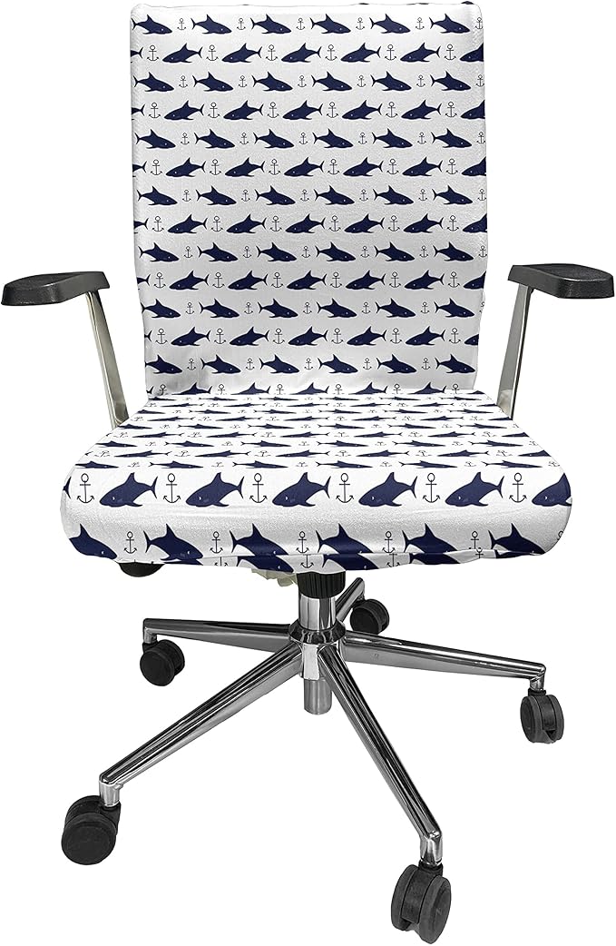 Ambesonne Anchor Office Chair Cover, Aquatic Pattern with Sharks and Anchors Contemporary Classical Modern Fish Animal, Stretchable Decorative Universal Size High Back Printed Slipcover, Indigo White