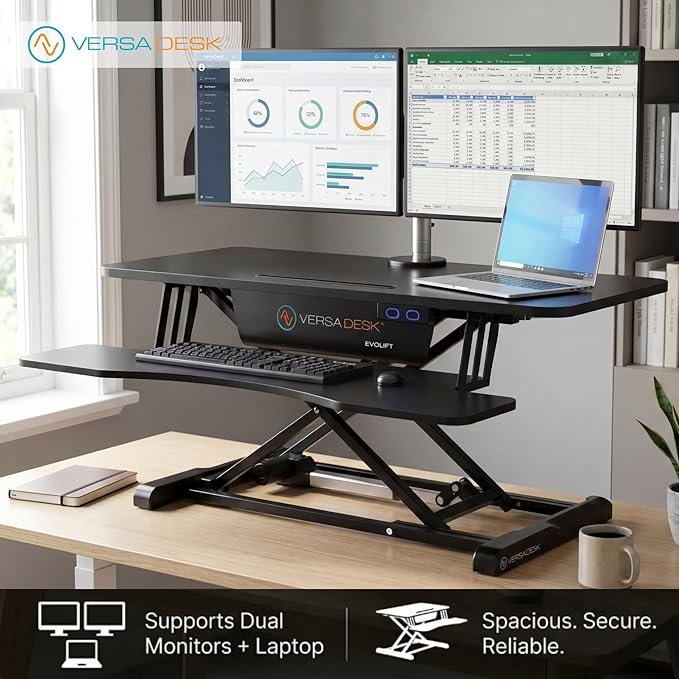 VERSADESK EvoLift 40" Electric Standing Desk Converter, Sit to Stand Riser, 1-Button Easy Lift, Dual Monitor Workstation, Wide Keyboard Tray, Built-in Device Stand, Black