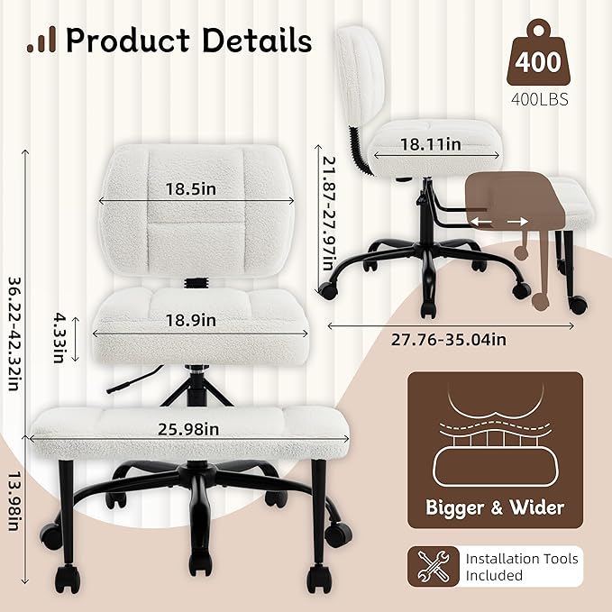 Ergonomic Criss Cross Legged Office Chair, ADHD Chair, 360° Swivel Meditation Kneeling Chair with Wheels, Adjustable Footrest, Wider Height Adjustable Seat, Lumbar Support, Teddy Fabric, OffWhite
