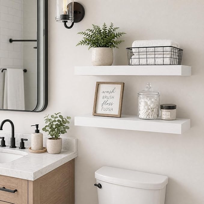 White Floating Shelves for Wall, 9.3" Deep Wall Mounted Wood Shelves for Bathroom, Bedroom, Living Room, Kitchen, Hanging Shelf for Books/Storage/Room Decor (White, 24")