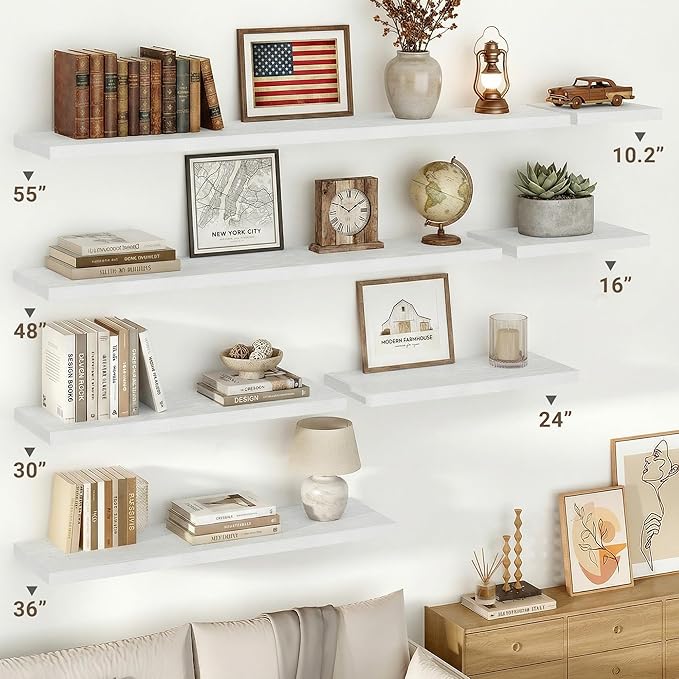 Vivelove 10 in Deep Floating Shelves for Wall, 16" x 10.2" x 1.5" Shelves for Room Wall Mounted, 1.5 Inch Thick Shelf for Bathroom Bedroom Kitchen Book Room, Modern Farmhouse Decor, Set of 2, White
