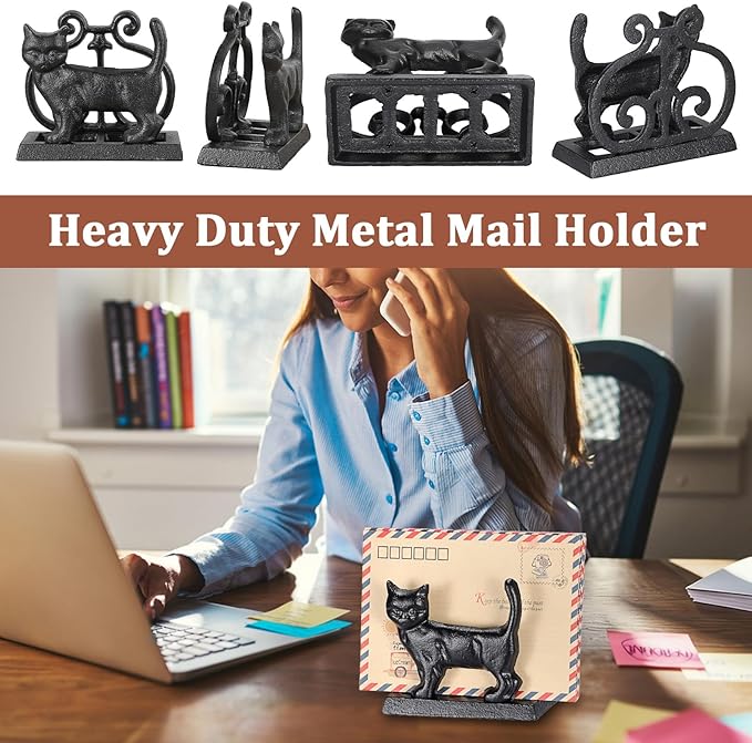 BTSKY Cast Iron Mail Organizer Countertop, Heavy Duty Desk Mail Holder for Letters & Documents, Vertical Envelope Sorter for Home Office, Bill Rack - Black, Cat Shape