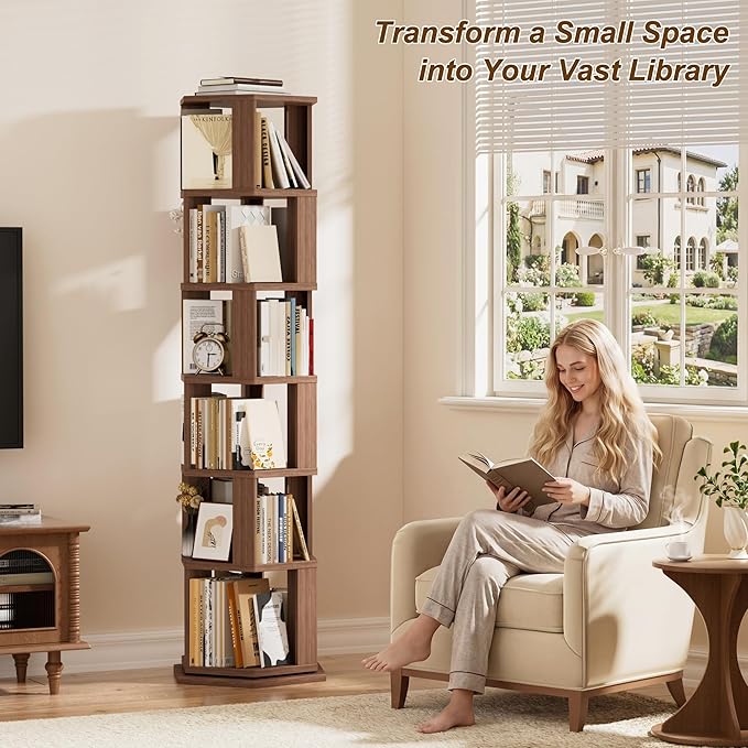 BACEKOLL Rotating Bookshelf Tower, 6 Tier Spinning Book Shelf, Wood Round Revolving Bookcase, Narrow Rolling Bookshelves, Vertical Book Storage for Corner Small Spaces, Bedroom, Living Room,Walnut