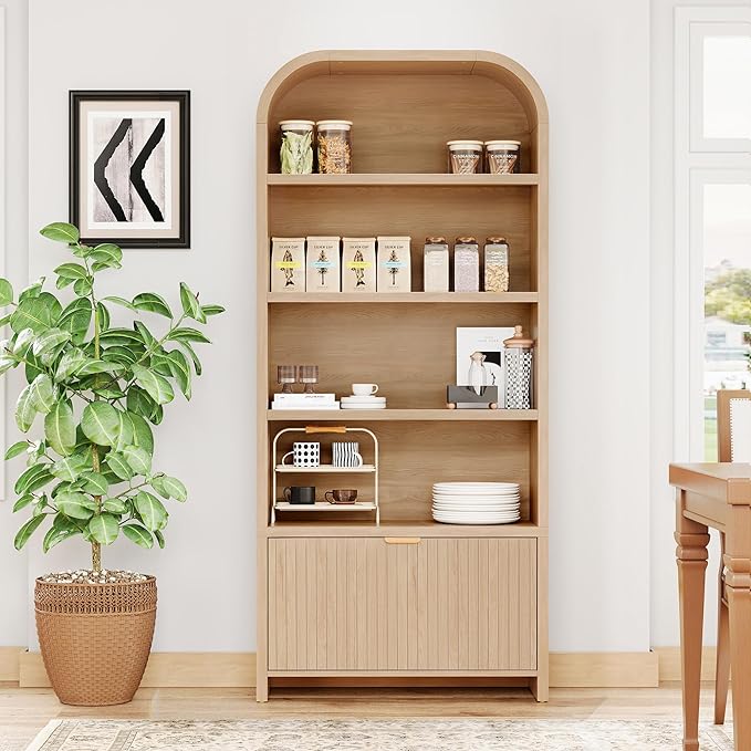 LEVNARY Arched Bookcase with Drawer, 70" Tall 5-Tier Bookshelf with Fluted Carved Drawer, Freestanding Display Storage Cabinet for Living Room Bedroom Home Office (Natural)