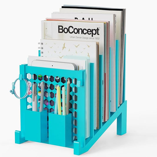 File Organizer for Desk with Storage Box & Hook, Inclined Desk File Organizer with 5-Section Vertical File Holder Suitable for Home Office Document Organization (Light Blue)