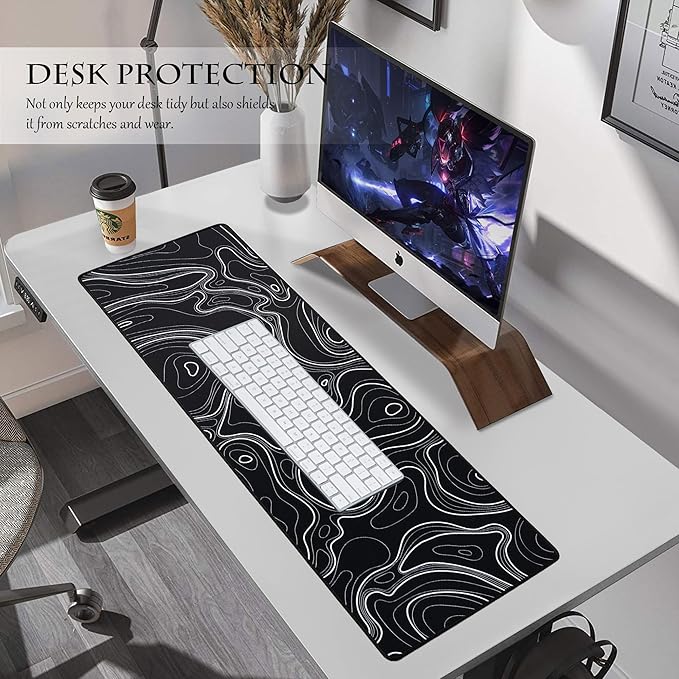 ALOANES Waterproof Mouse Pad with Durable Stitched Edge, XL Gaming Keyboard Pad, Non-Slip Rubber Base, Extended Desk pad for Gamer, Office & Home, Black Topographic Map Mousepad 35.4''x 15.7''x 0.12''