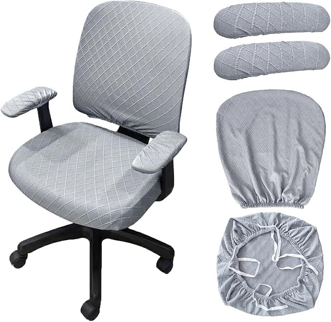 Stretch Jacquard Office Chair Cover with Armrest Covers, Removable Washable Desk Chair Cover, Anti-dust Seat Cushion Protectors -Seat + Backrest, Grey