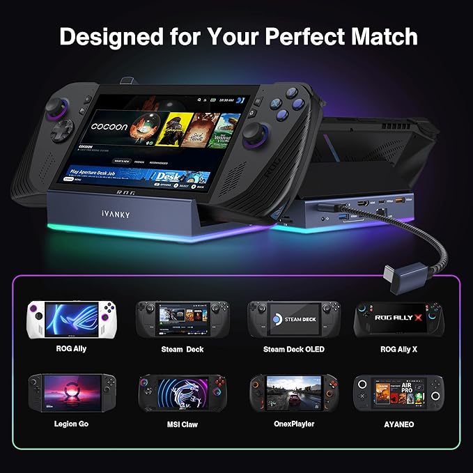 iVANKY 14-in-1 RGB Docking Station for ROG Xbox Ally X(2025)/Steam Deck OLED/Lenovo Legion GoS, 4K@120Hz Foldable Dock with HDMI Gigabit Ethernet 10Gbps USB3.2, SD/TF Slots, 1Gbps Ethernet,100W Charge
