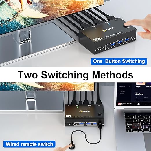 HDMI KVM Switch 2 Monitors 2 Computers 8K@60Hz 4K@144Hz, USB 3.0 Dual Monitor KVM Switch for Running 2 Computers Across 2 Monitors, Sharing 4 USB 3.0 Devices, with Wired Remote & USB Cable