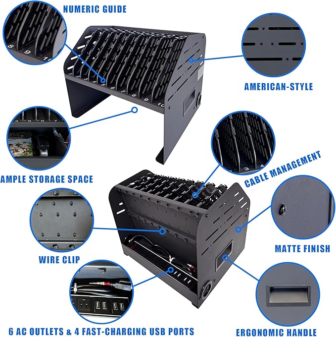 Laptop Charging Station for Classroom, Office, or Home, 10-Device Organizer with 6 AC Outlets & 4 Fast-Charging USB Ports, Fits Laptops, Tablets & E-Readers up to 1.375" Thick, 15.6"