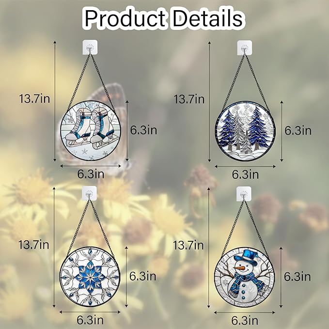 DASTOLL Stained Glass Window Hanging 4 Pcs Set White Winter Christmas Snow Scene 6.3" - Suncatcher Door Garden Sun Catcher Decor Birthday for Mom Woman Nana Men Friend Wife