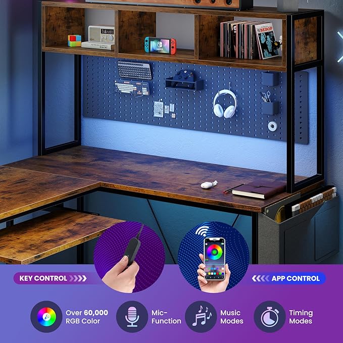 DUMOS L Shaped Gaming Desk 67", Reversible Computer Desk with LED Lights, Corner Desk for Small Spaces with Keyboard Tray & Storage Shelf, Metal Frame PC Gaming Table for Home Office Bedroom, Rustic