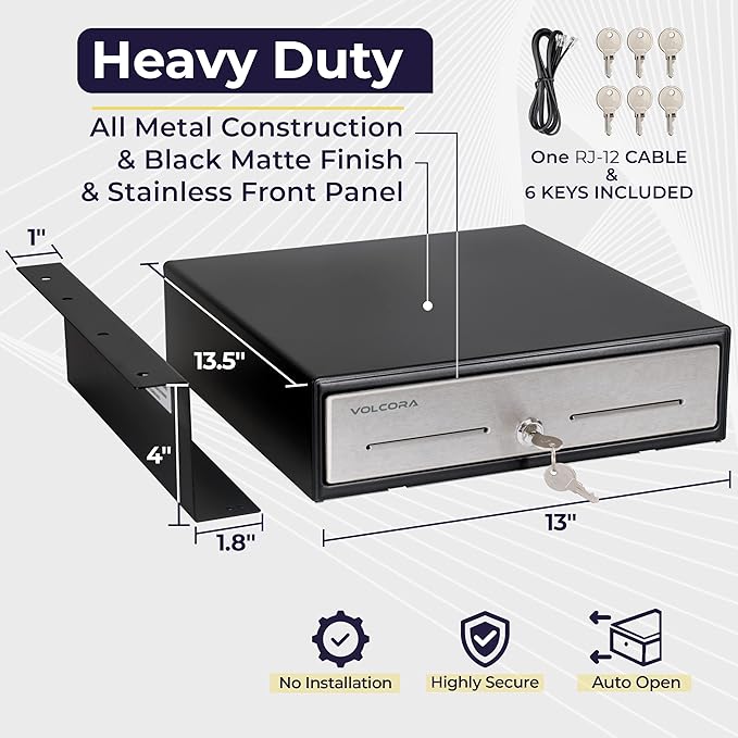 Volcora Cash Register Drawer with Under Counter Mounting Bracket - 13" Cash Drawer for POS, Stainless Steel Front 4 Bill 5 Coin Cash Tray, Removable Coin Tray, 12-24V RJ11/RJ12 Key-Lock, 2 Media Slots