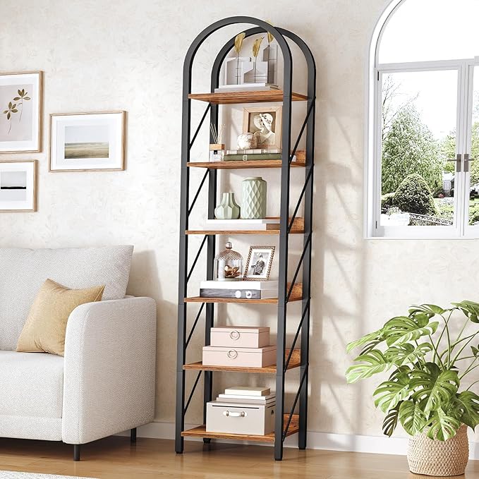 HOOBRO Bookshelf, 6-Tier Arched Bookshelf, Industrial Bookcase with Metal Frame, Tall Book Shelf Storage Organizer for Living Room, Office, Bedroom, Rustic Brown and Black BF426SJ01