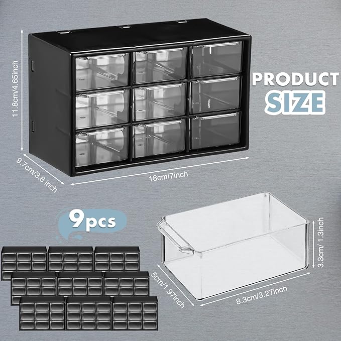 Rtteri 9 Pieces Mini Drawer Organizer Plastic Desktop Storage Box Desk Craft Organizer with 9 Clear Drawers for Office Home Jewelry Small Parts Belongings Cosmetics Collection, Wall Mounted (Black)