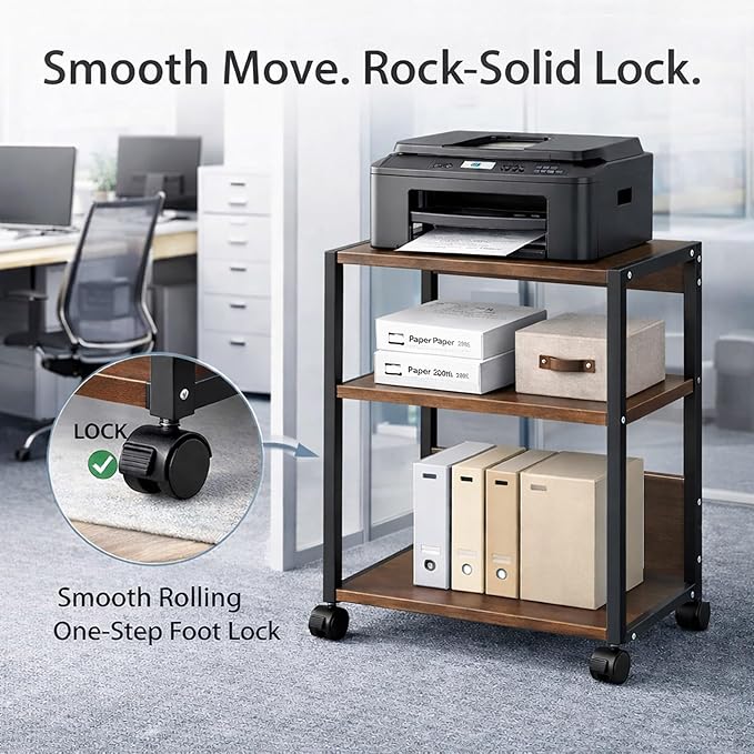 3-Tier Printer Stand with Storage, Adjustable Shelves, Lockable Wheels, Stable Steel Frame for Home & Office Rustic Brown & Black