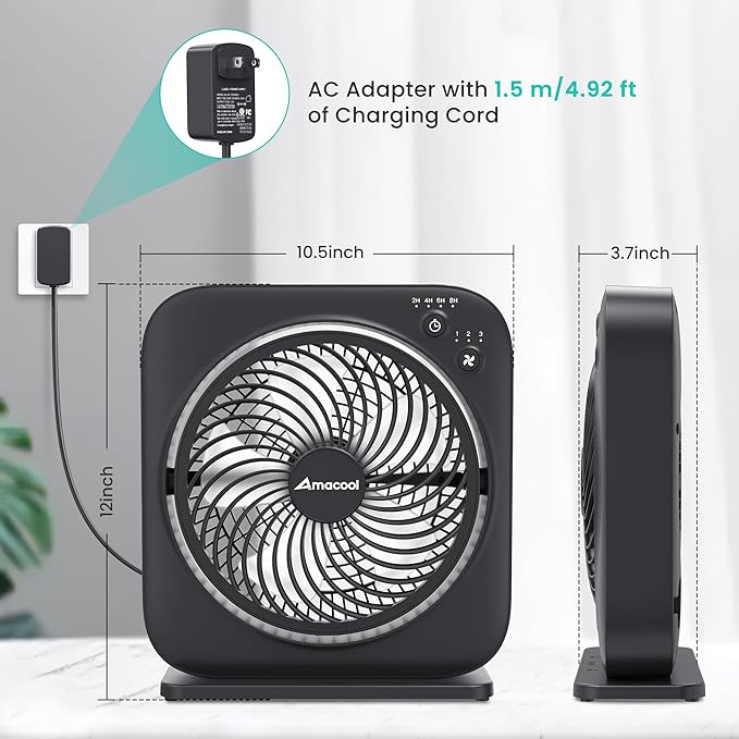 AMACOOL Table Fan, 12 inch Box Fan with 3 Speeds & 8HRS Timer, 270° Pivoting Quiet Air Circulator, Desktop Fan for Bedroom Bathroom Kitchen Office, AC Adapter Included, Co-Branded with Cmyfato-Black