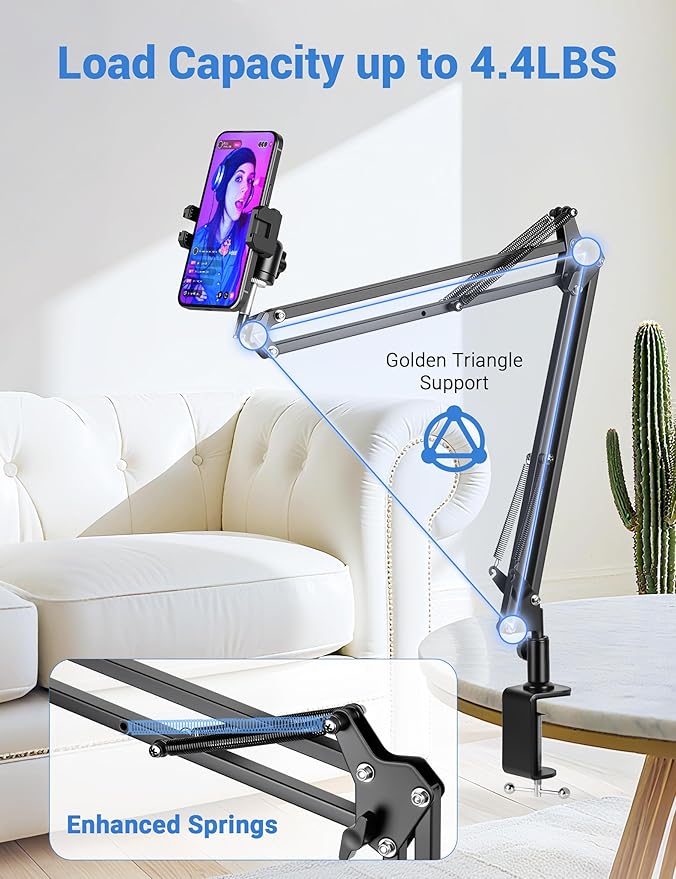 Overhead Camera Mount, Desk Camera Mount with 360° Adjustable Arm and Phone Holder for DSLR Cameras/iPhone/Webcam/Ring Light, Desk Phone Stand for Video Recording,Zoom Meeting,YouTube,TikTok
