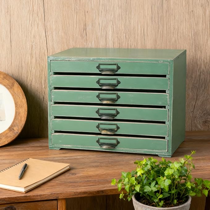 Vintage 6-Drawer Wooden Desktop Organizer Cabinet, Rustic Distressed Wood Card Catalog Cabinet, Antique Storage Box for Jewelry Cosmetics Craft Paper Home Office Decor (Green)