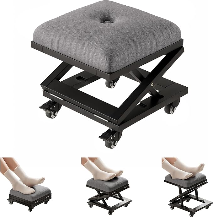 VECELO Foot Rest Under Desk at Work, Height Adjustable Rolling Foot Stool with Wheels, Cushioned Seat for Living Room, Bedroom, Home Office