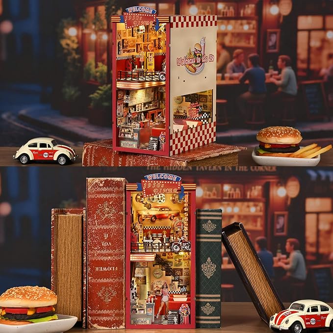 fifijoy Book Nook Kit - DIY Miniature House Dollhouse Kit for Adults and Teens, Booknook Retro Diner Bookshelf Decor 3D Wooden Puzzle with LED Light, Gifts for Family and Friends (1950s Diner)