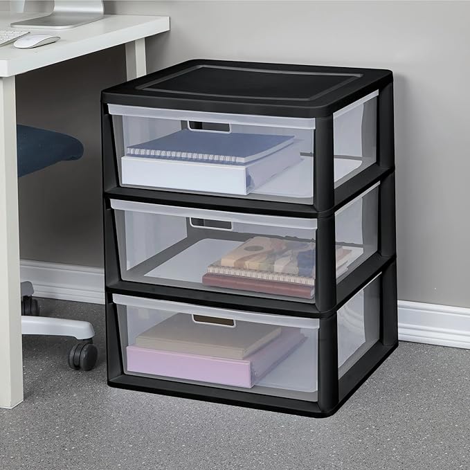 Plastic 5 Drawer Wide Tower, Black