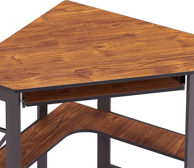 VECELO Corner Desk Computer Desk Writing Table with Smooth Keyboard Tray & Storage Shelves,Compact Home Office Triangle Table,Teak