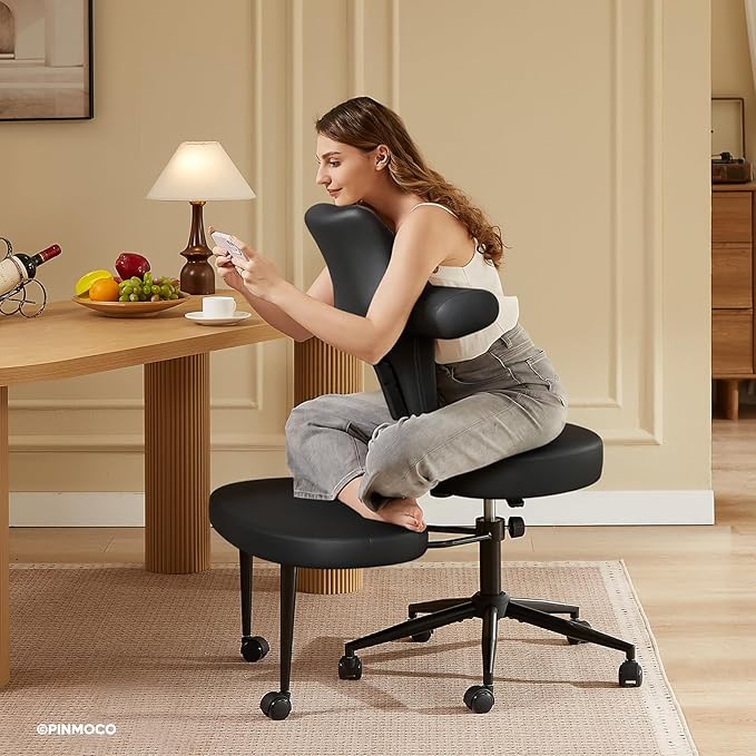 Pinmoco Ergonomic Cross Legged Office Chair Extra Wide for ADHD and Meditation, Kneeling Chair with 360° Swivel Wheels and Reversible Seating, Adjustable Height and Seat Deapth, PU Leather, Black
