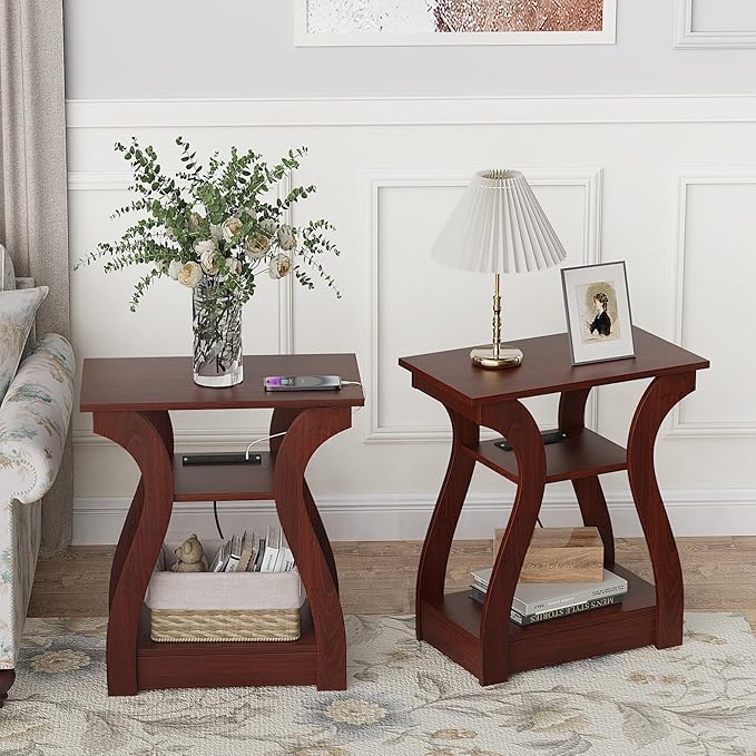 FROMJBEST End Tables Living Room Set of 2,Cherry End Table with Charging Station,Side Table, Nightstand for Bedroom, 3 Tier End Table with Storage Shelf for Living Room(Cherry)