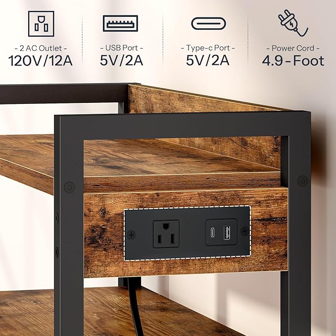 HOOBRO Printer Stand with Charging Station, 4-Tier Printer Table with Storage, Large Tall Printer Shelf, for Home Office, Kitchen, Living Room, Black and Rustic Brown BF13UPS01