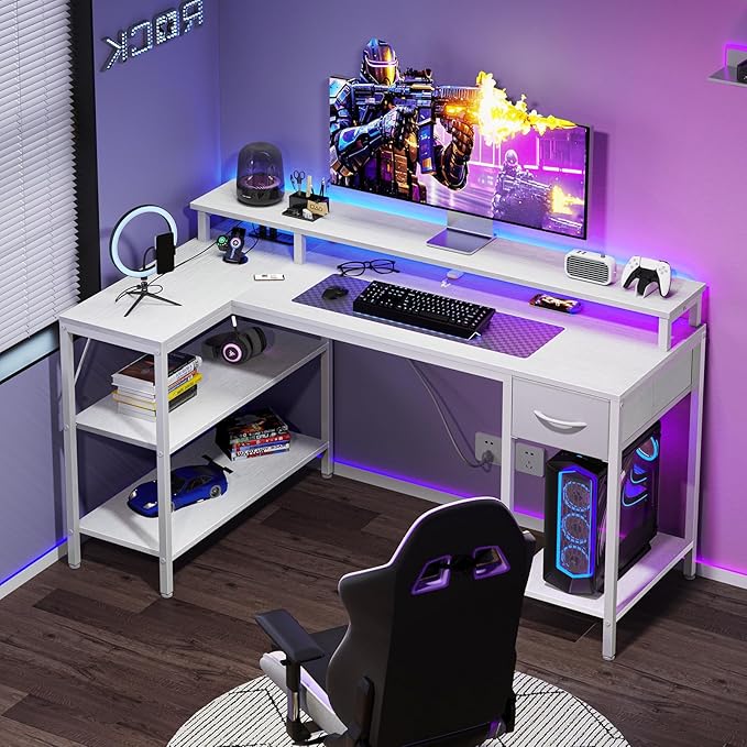 DUMOS 47” Gaming Desk with USB Charging Ports & LED Lights, Reversible L Shaped Desks Computer Corner Gamer Table with Power Outlets Monitor Stand Storage Shelves for Home Office Small Space, White