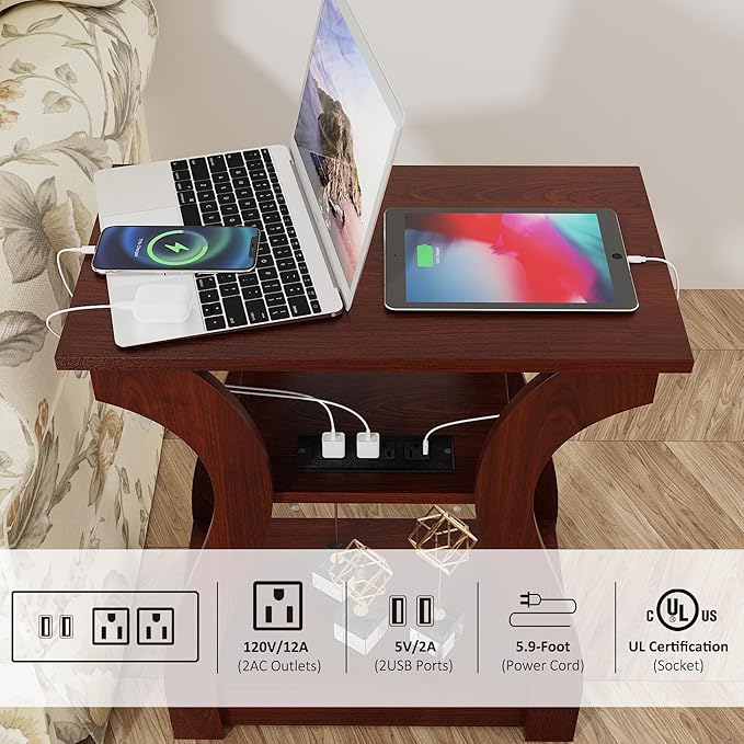 FROMJBEST End Tables Living Room, Cherry End Table with Charging Station, Nightstand for Bedroom, 3 Tier End Table with Storage Shelf for Living Room(Cherry)