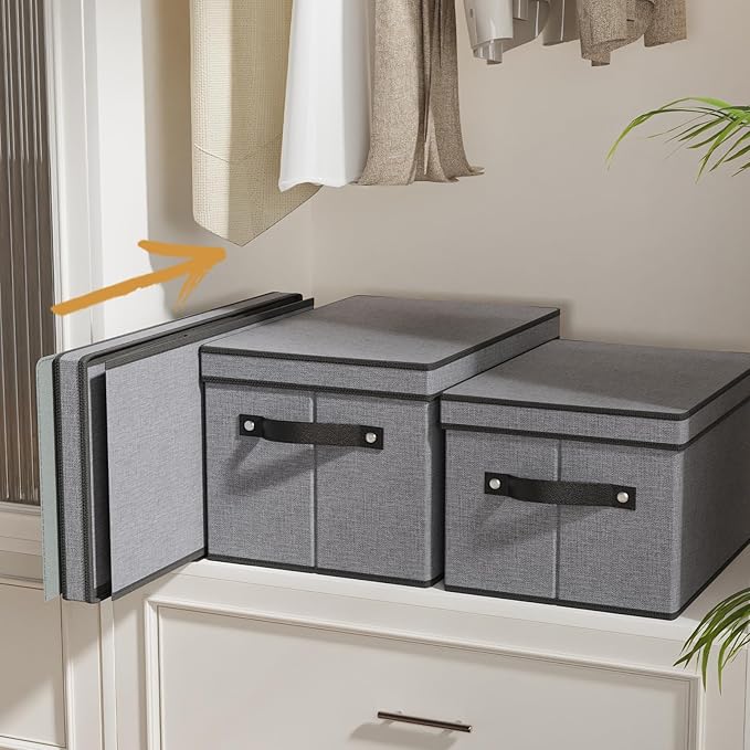 Foldable Storage Bins with Lids, 15 x 9.8 x 8.3 Inch Storage Boxes with Handles, Fabric Closet Organizers for Wardrobe, Gray, 3-Pack