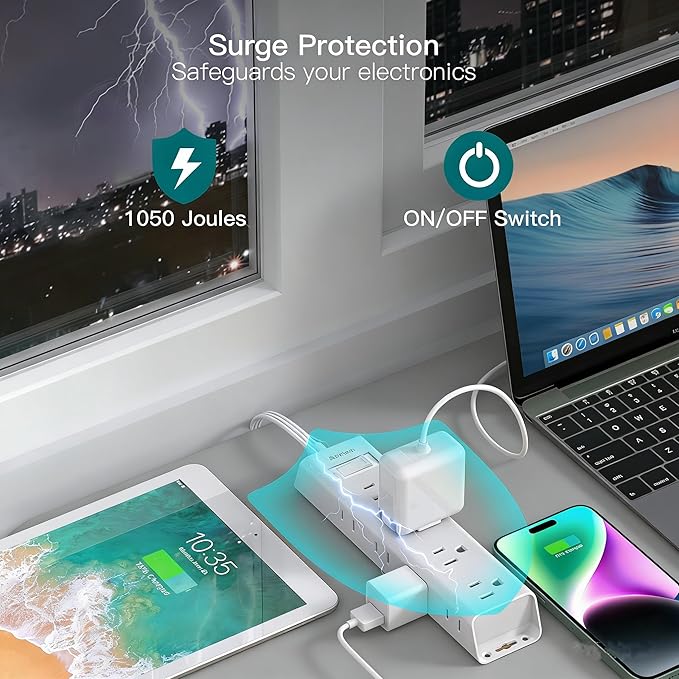 Addtam Power Strip Surge Protector with 12 Outlets, Flat Plug Extension Cord 6FT, Ultra Thin Wall Plug, 3-Side Wide Outlet Extender, Wall Mount Desk Charging Station for Home Office Dorm Room, White