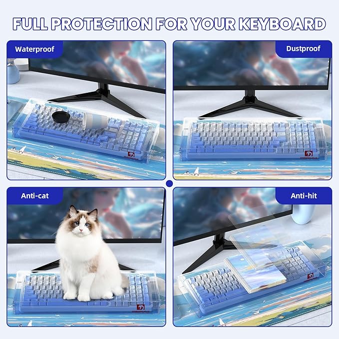 ZIYOU LANG KC04 Acrylic Clear Transparent Keyboard Cover(17.4*6.5*1.89’’) with Dustproof Waterproof Anti-hit Anti-cat Protective Case for Compact Layout 94/96/98Key Mechanical Gaming Keyboard(Blue)