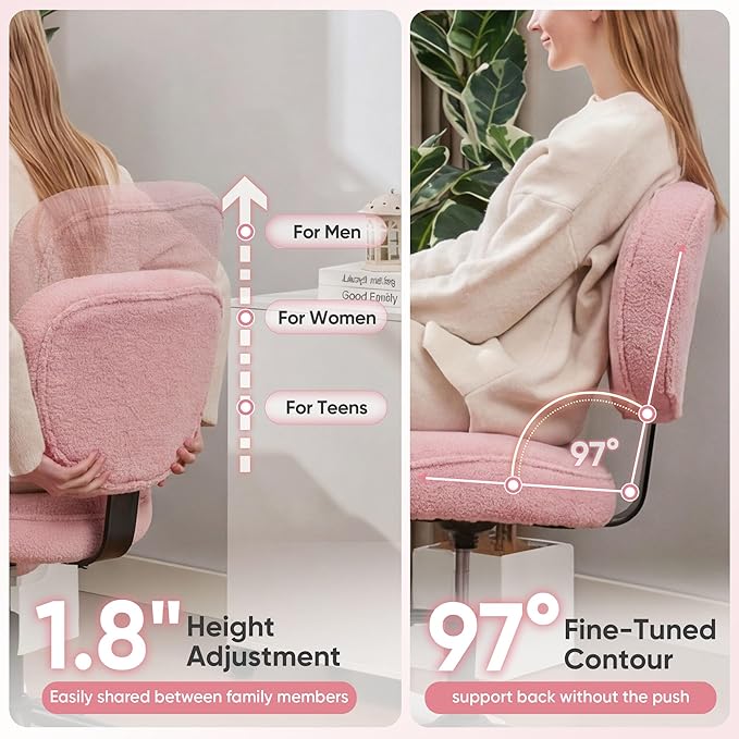Criss Cross Office Chair with Wheels, Adjustable-Height Backrest & Swivel Footrest, Ergonomic Cross Legged Office Chair with Leg Rest for Kneeling Meditation Yoga ADHD (Pink Teddy Fleece)