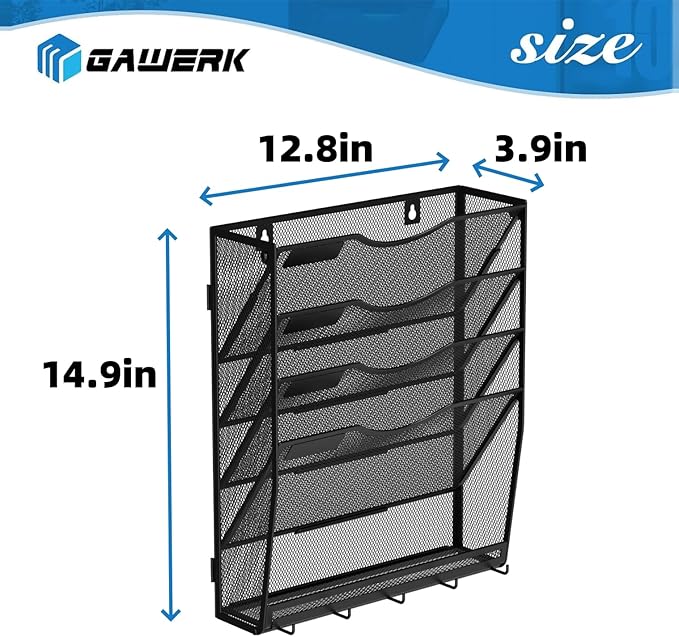 Gawerk 5-Tier Hanging Wall File Organizer with 5 Hooks - Wall Mounted Mail Paper Document Folder Holder, Sturdy Mesh Magazine Rack for Office Home