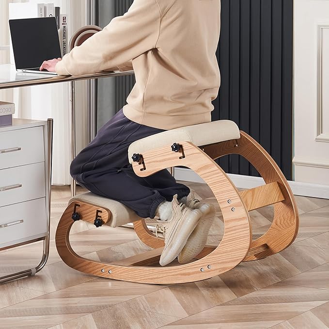 Ergonomic Kneeling Chair, Adjustable Rocking Office Chair Wooden Knee Chair Posture Chair for Home Office Back Pain Relief, Beige